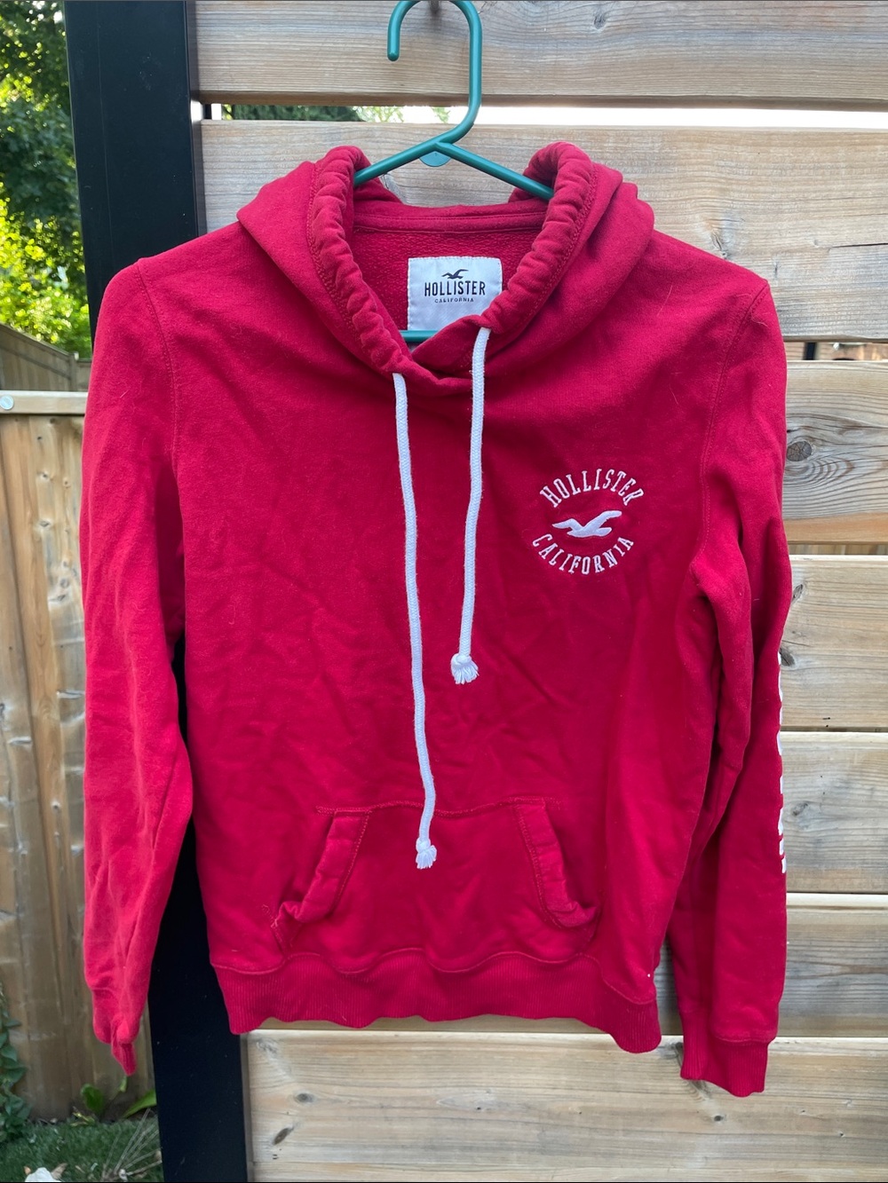 Hollister Red Pullover Hoodie with White Drawstrings